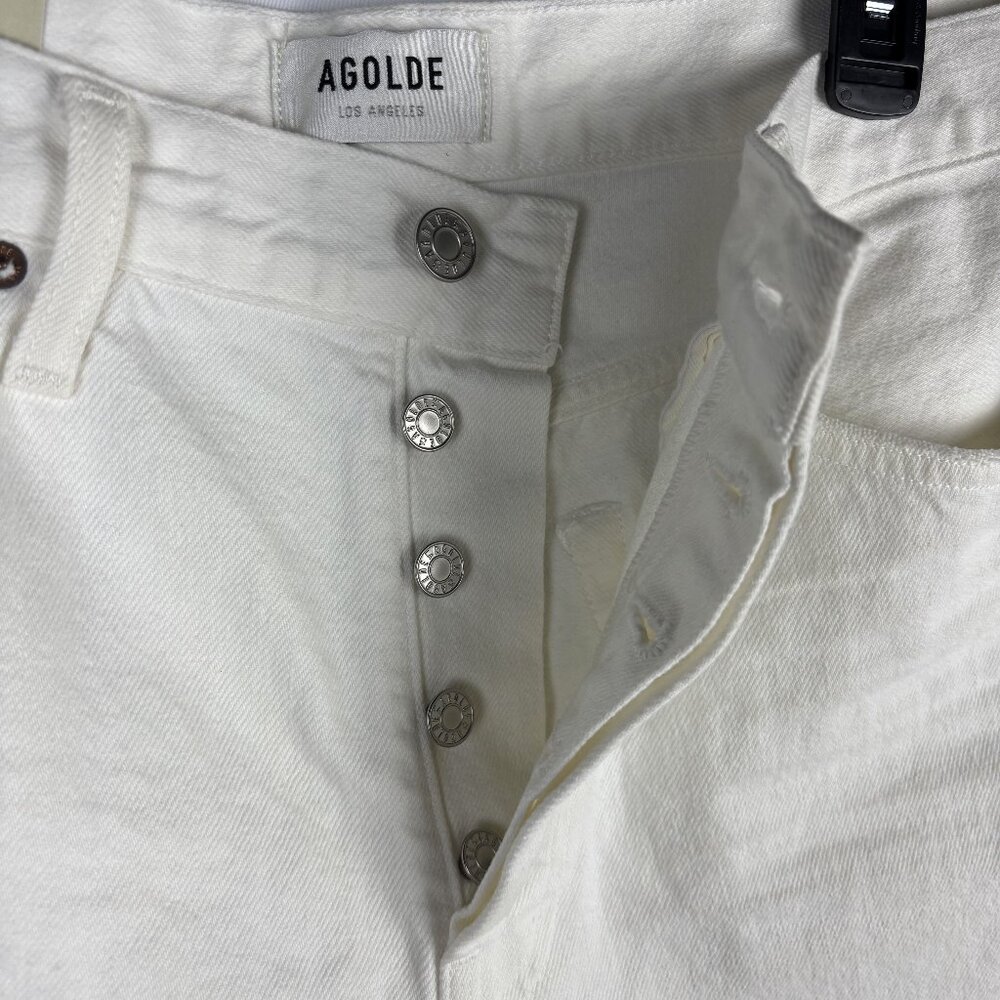 30 Agolde High Rise Short Parker Long Organic Cotton White Button Closure Denim - Picture 6 of 16